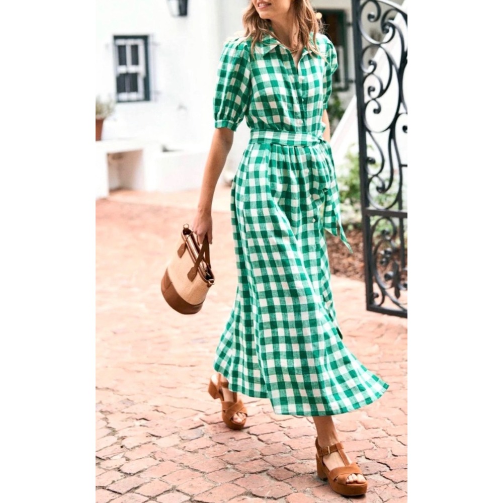 Boden Green Gingham Linen Blend Midi Shirt Dress Puff Sleeve Petite 4P